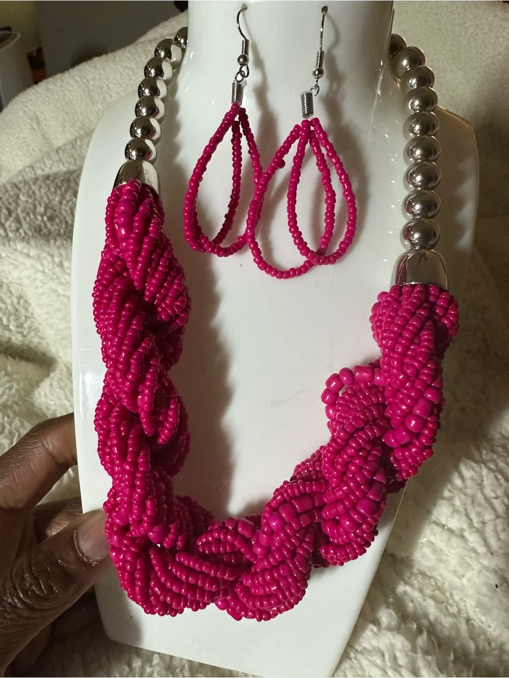Handcrafted Hot Pink Beaded Necklace & Earrings Set